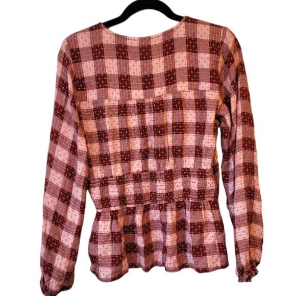 Pilcro Red Plaid Deep V Embroidered Blouse Size M NWT - Picture 2 of 7